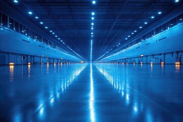 Poster - An expansive modern warehouse interior bathed in blue lighting effects