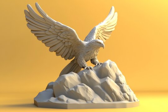Detailed three-dimensional rendering of a soaring bird perched on rocky outcrop.