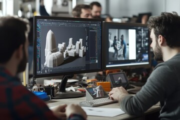 Poster - Engaged designers working on architectural 3D models in a busy office space