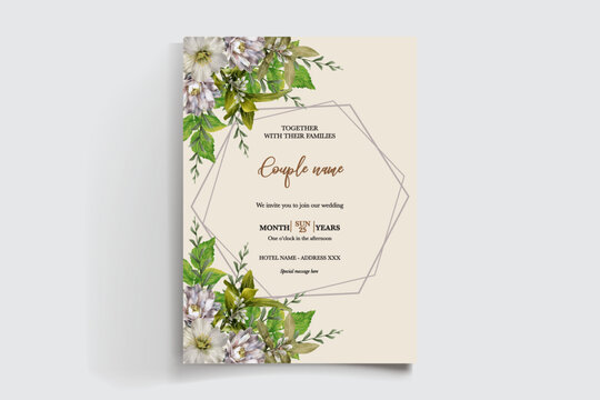 WEDDING INVITATION FRAME WITH FLOWER DECORATIONS AND FRESH LEAVES