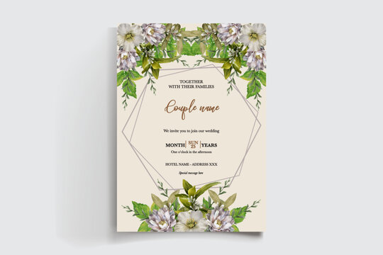 WEDDING INVITATION FRAME WITH FLOWER DECORATIONS AND FRESH LEAVES