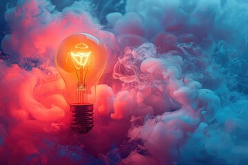 Poster - An illuminated light bulb shines amidst abstract colorful smoke formations