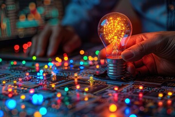 Poster - an illuminated lightbulb held above a circuit board and components