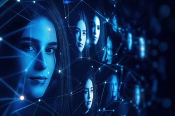 Poster - Digital art representation of interconnected faces in a futuristic network setting