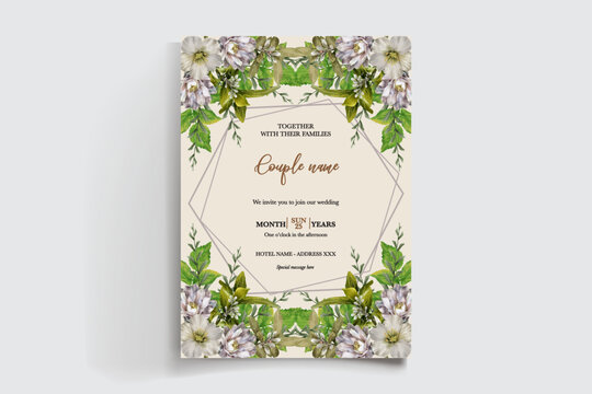 WEDDING INVITATION FRAME WITH FLOWER DECORATIONS AND FRESH LEAVES