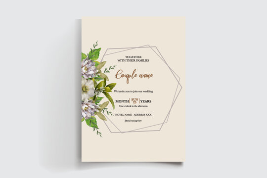 WEDDING INVITATION FRAME WITH FLOWER DECORATIONS AND FRESH LEAVES