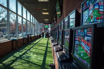 Poster - an indoor space with multiple computer monitors displaying content