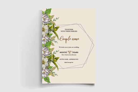 WEDDING INVITATION FRAME WITH FLOWER DECORATIONS AND FRESH LEAVES