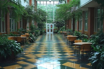 Poster - An interior hallway features plants tables and natural light streaming in