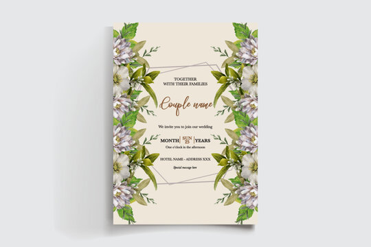 WEDDING INVITATION FRAME WITH FLOWER DECORATIONS AND FRESH LEAVES