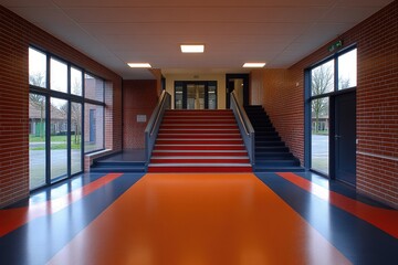 Poster - An interior view of a building with stairs and windows