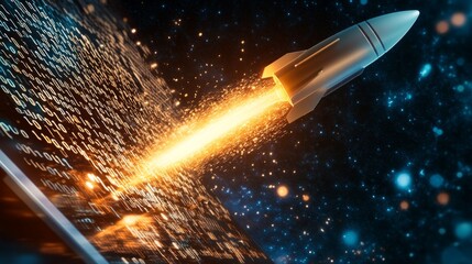 Poster - A digital transformation concept showing a rocket escaping from a laptop into space filled with binary code
