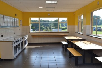 Poster - An interior view of a school cafeteria with tables and windows