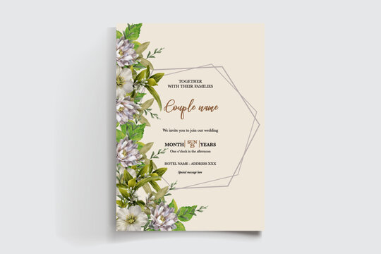 WEDDING INVITATION FRAME WITH FLOWER DECORATIONS AND FRESH LEAVES
