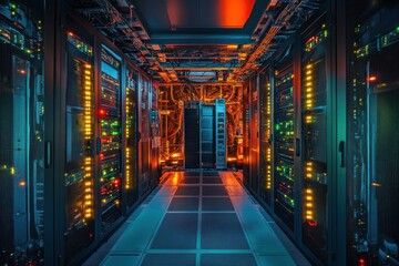 Poster - Advanced data center with colorful lights and organized server racks at nighttime