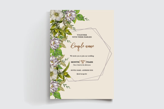 WEDDING INVITATION FRAME WITH FLOWER DECORATIONS AND FRESH LEAVES