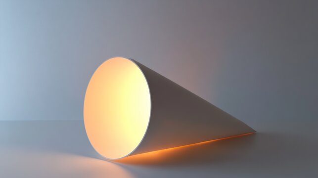 A minimal 3D-rendered white speaker cone with soft glowing light.