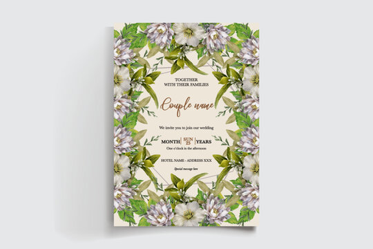 WEDDING INVITATION FRAME WITH FLOWER DECORATIONS AND FRESH LEAVES
