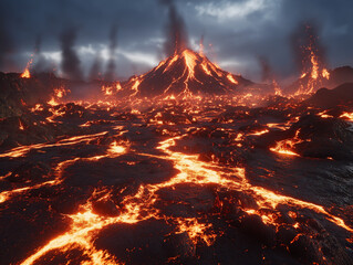 Wall Mural - a wide angle shot of a volcanic eruption with lava flow