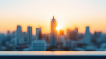 Poster - Urban Landscape at Sunset with Focused Skyscraper and Blurred City Infrastructure in Background for Inspirational and Business Themes
