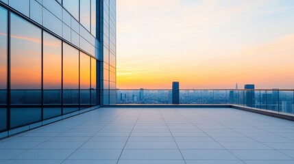 Poster - Modern Architectural Detail of a Rooftop Terrace Overlooking a Vibrant Cityscape at Sunset with Stunning Cloud Reflections