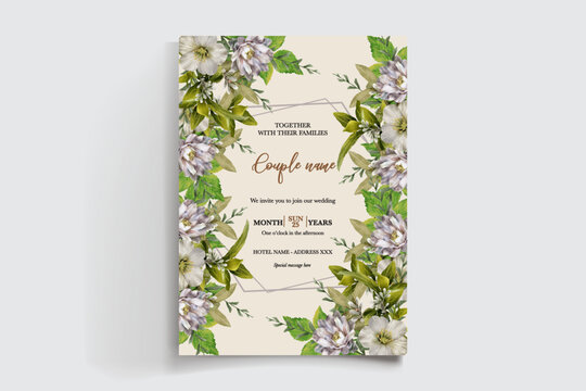 WEDDING INVITATION FRAME WITH FLOWER DECORATIONS AND FRESH LEAVES