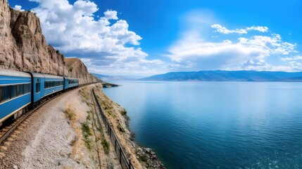 Poster - 青い列車が岩壁沿いを走行する美しい湖畔の風景 パノラマの空と雲 夏の冒険旅行の視点