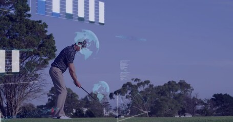 Poster - Man preparing swing on tee, displaying technology bar charts, globe visuals and trajectory lines