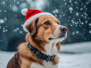 Wall Mural - holiday dog in santa hat with snowflakes.