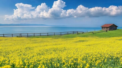 Poster - 青い海と白い雲の下に広がる黄色い花の咲く風景 木造の小屋と緑豊かな草地のコントラスト 太陽の下での穏やかな夏の風景