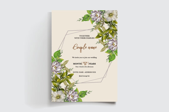 WEDDING INVITATION FRAME WITH FLOWER DECORATIONS AND FRESH LEAVES