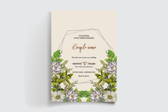 WEDDING INVITATION FRAME WITH FLOWER DECORATIONS AND FRESH LEAVES