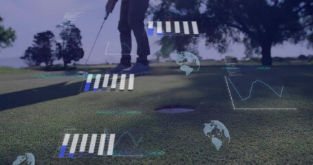 Poster - male golfer on putting green, holding putter, using tech displaying graphs code blocks globe icons