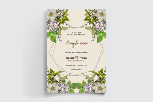 WEDDING INVITATION FRAME WITH FLOWER DECORATIONS AND FRESH LEAVES