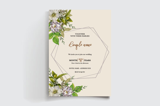 WEDDING INVITATION FRAME WITH FLOWER DECORATIONS AND FRESH LEAVES