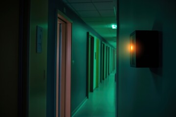 Poster - Hallway illuminated by a dim orange light with green walls in a modern building