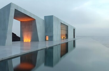 Aufkleber - 海岸沿いのモダン建築 穏やかな水面に映るコンクリート構造物 暖かい照明と青い空の風景