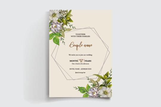 WEDDING INVITATION FRAME WITH FLOWER DECORATIONS AND FRESH LEAVES