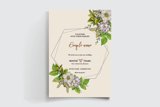 WEDDING INVITATION FRAME WITH FLOWER DECORATIONS AND FRESH LEAVES