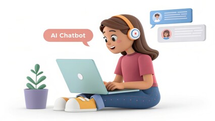 Poster - A young girl uses a laptop with headphones, engaging in a conversation with an AI chatbot, accompanied by a small potted plant nearby.