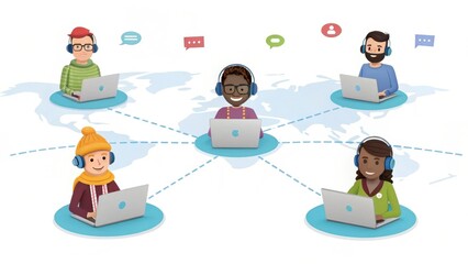 Poster - Illustration of diverse individuals collaborating online, each with a laptop and headphones, connected through a global network.