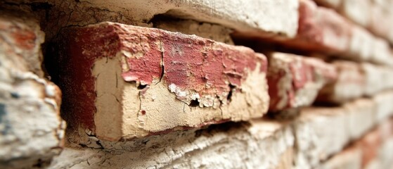 Poster - Weathered brick wall with flaking paint creating a textured surface and vintage aesthetic showcasing architectural detail and rustic charm in a close up view