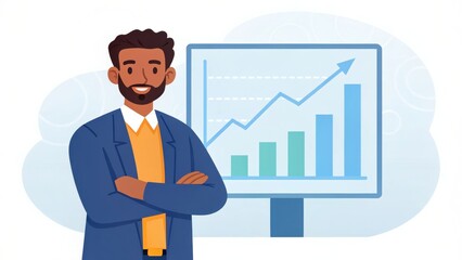 Poster - A confident man stands with crossed arms next to a graph on a screen, illustrating upward growth and success in a professional setting.