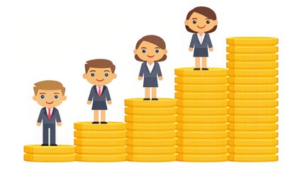 Poster - Cartoon characters in business attire stand on stacks of coins, symbolizing growth and success in finance.