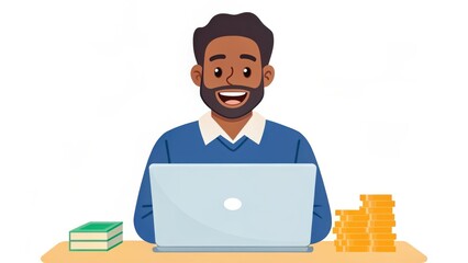 Poster - A cheerful man sits at a laptop with stacks of cash and books, symbolizing success and financial growth in a digital environment.