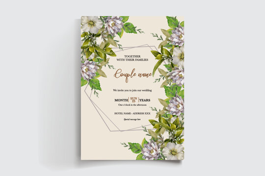 WEDDING INVITATION FRAME WITH FLOWER DECORATIONS AND FRESH LEAVES