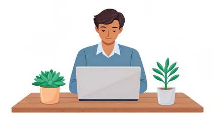 Poster - A person working on a laptop at a desk with potted plants, illustrated in a modern, minimalistic style.