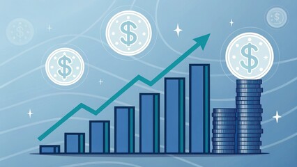 Poster - Financial growth illustration featuring ascending bars and coins with dollar signs, emphasizing economic success.