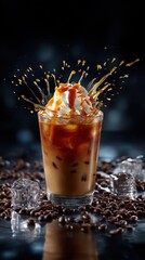 Poster - Iced caramel coffee with whipped cream and splash on dark background creating a refreshing and sweet beverage experience perfect for summer enjoyment and coffee indulgence
