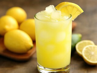 Poster - Refreshing lemonade with ice cubes and lemon slice on a wooden table providing a cool and vibrant summer vibe perfect for a hot day studio shot with natural light
